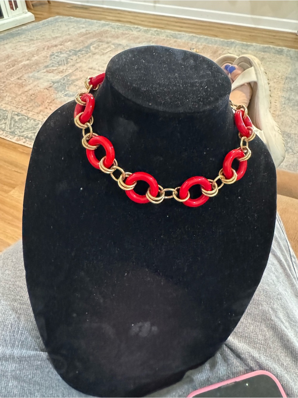 Red Link Statement Necklace with Gold Chain